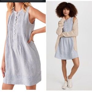 Faherty Blue Mini Stripe Isha 100% Linen Dress Sleeveless Pockets Medium